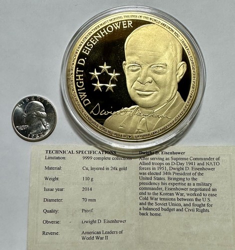 2014 US Dwight D. Eisenhower moneta commemorativa - oro 24K con COA - 110 g e 70 mm - Foto 4 di 5