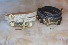 Lord's Prayer Wrap Bracelet, Light Tan and Black with Cross Our Father Bracelet
