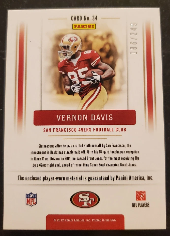 Vernon Davis 2012 Prestige Team Foundations Jersey #/249 49ers - Image 2 of 2