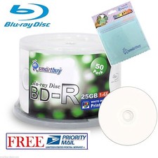 50 Smartbuy BD-R 6X 25GB Blu-ray White Inkjet Printable Disc  Micro Fiber Cloth