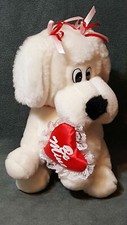 White Plush Puppy Dog Stuffed Be Mine Heart Pillow Ribbons Vtg Toy O Rama 9"