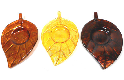 GANZ 3 Aspen Leaf Pressed Glass Tea Light Holders  Amber Gold Brown