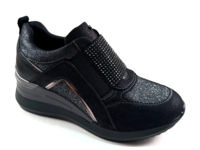 Exe 7022 Black/Pewter Mid Wedge Slip On Fashion Sneaker