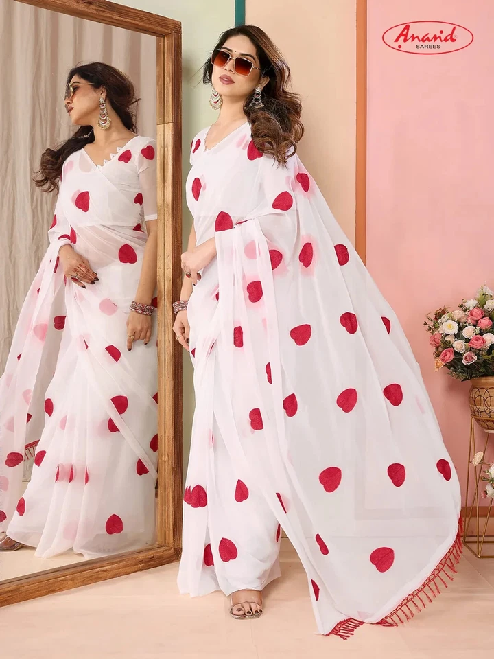 NUEVO Sari de fiesta blanco rojo corazón bordado indio paquistaní diseñador sari Foto 4 de 4