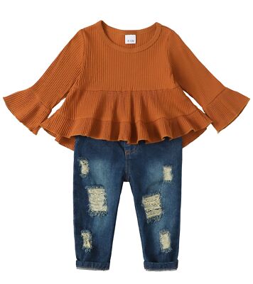 Baby Girl Clothes 6-9 Months Girls Fall Outfits Long Sleeve Ruffle Shirt Ripped