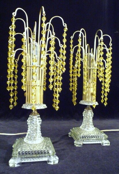 A PAIR:  ART DECO CRYSTAL WATERFALL BOUDOIR TABLE LAMPS LIGHTS  1930s