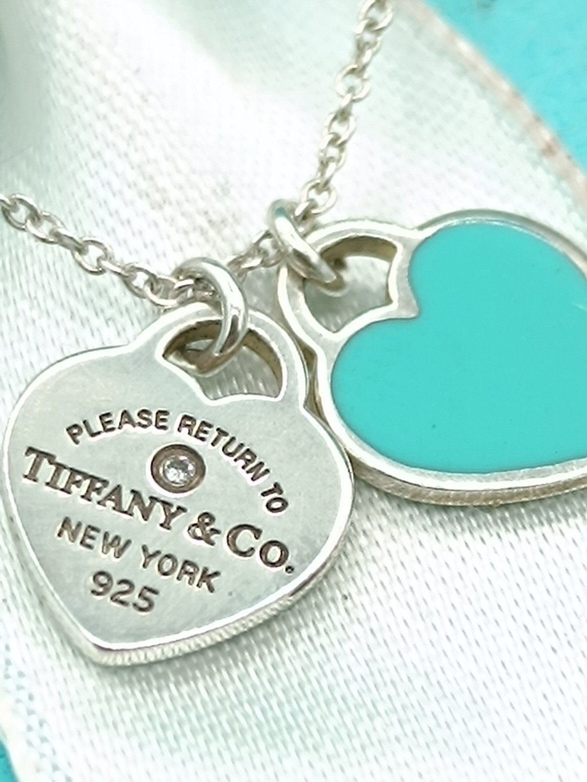 Return To Tiffany & Co Diamond Blue Silver Double Mini Heart Necklace Retail£430