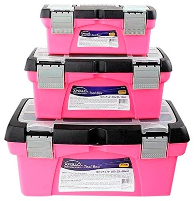Tools Set Of 3 Pink Stackable Tool Boxes With Top Compartment And Removable Tray