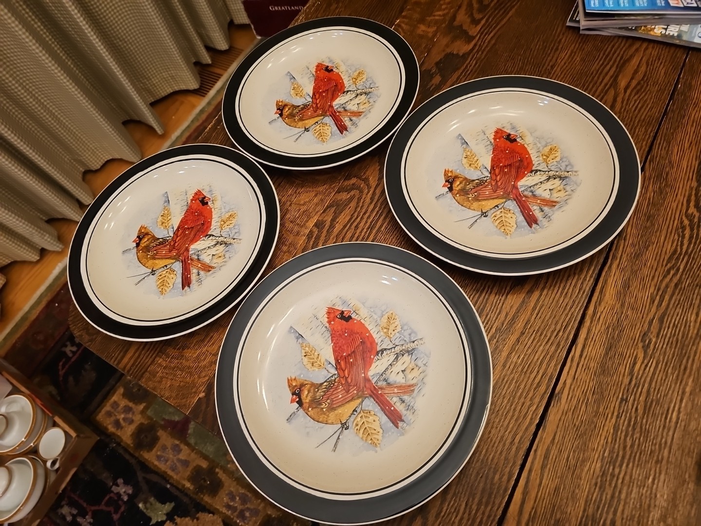 Folk Craft Stoneware Cardinal Dinner Plates 11" Dia. by Scotty Z.  Qty 4