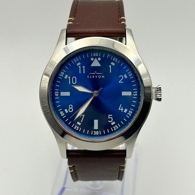 Elevon Silver-tone Case Blue Dial Brown Leather Men s Watch Working New Battery