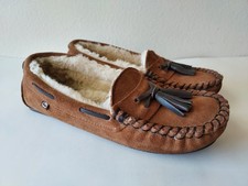 LAMO Dawn Moccasin Suede Fur Tasseled Comfy Slippers Chestnut Women's Sz 8 VGUC
