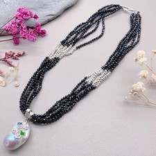 6 Strands Black Spinel Necklace Cultured White Nucleated Baroque Pearl Pendant