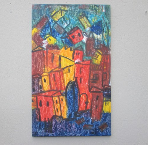 expressive Stadtszene 100x60cm Ölbild /LW Italien modern gespachtelt rot blau - Bild 3 von 9