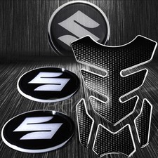 4PC Perforated Black+Chrome Fuel Tank Pad+Suzuki Reflective Logo Emblem Sticker