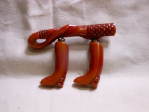 Vintage Carved Cherry Red Bakelite Boots Bar Pin Brooch 1930s Estate Jewelry !!