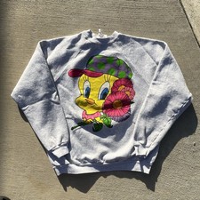VINTAGE 90s Looney Tunes TWEETY BIRD Sweatshirt Polka Dot Cap Flowers Gray XL