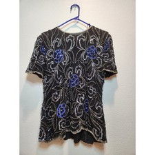 Papell Boutique Silk Beaded Top L Black Blue Floral Sequin Evening Blouse