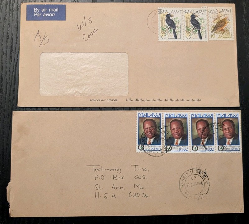 2 MALAWI 1996 AIRMAIL COVER to USA Envelope Africa Collection Bird Stamps Lot 12