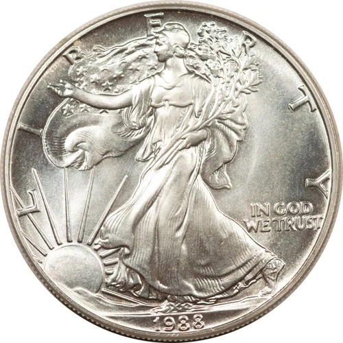 1988 1 OZ AMERICAN SILVER EAGLE .999 SILVER, GEM WHITE BRILLIANT UNCIRCULATED