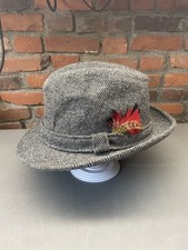 Vintage Stetson Grey Herringbone Wool Fedora Hat Size 7 1/8 w/ Feather Accent