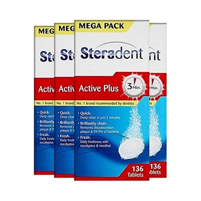 Steradent Active Plus Zahnersatzreiniger, 544 Tabletten, Plaqueentferner für weiße...