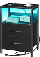 Yoobure Nightstand with Charging Station, LED Night Stand Fabric Black 