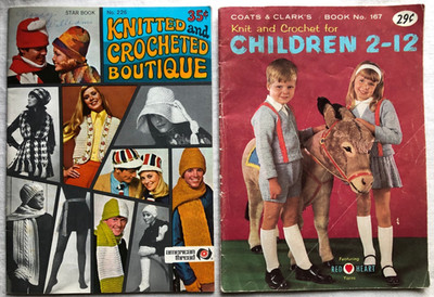 Lot of 2 Vintage Adults & Children's Pattern Books Crochet & Knit Sweaters Hats