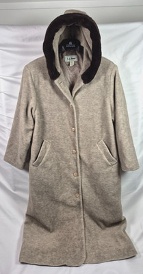 LL Bean Womens Long Hooded Wool Fleece Blend Coat XL Beige Faux Fir Trim