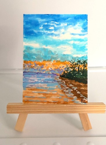 Original Hawaii Watercolor Series  ACEO 1 of 5 – Waves, Palm Trees, Sandy Beach