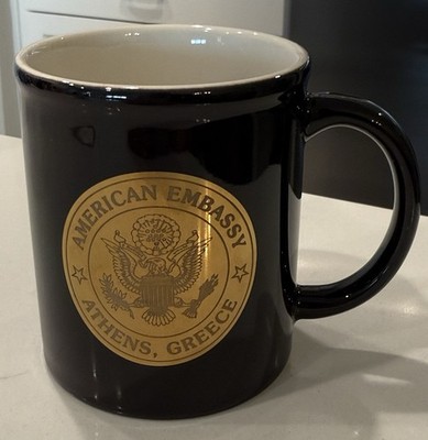 Vintage Unites States Embassy Coffee Mug Athens Greece Blue with Gold Seal VG