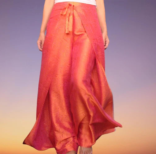 Women's Thai Silk Fisherman Palazzo Wrap Pants Orange One Size Wide Leg  Trousers