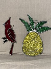    VTG LOT OF 2 STAINED GLASS SUNCATCHERS. CARDINAL  PINEAPPLE.  READ 
