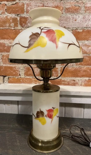 Vintage Hurricane? Type Lamp Hand Painted Glass Floral Leaves Table Lamp 18”