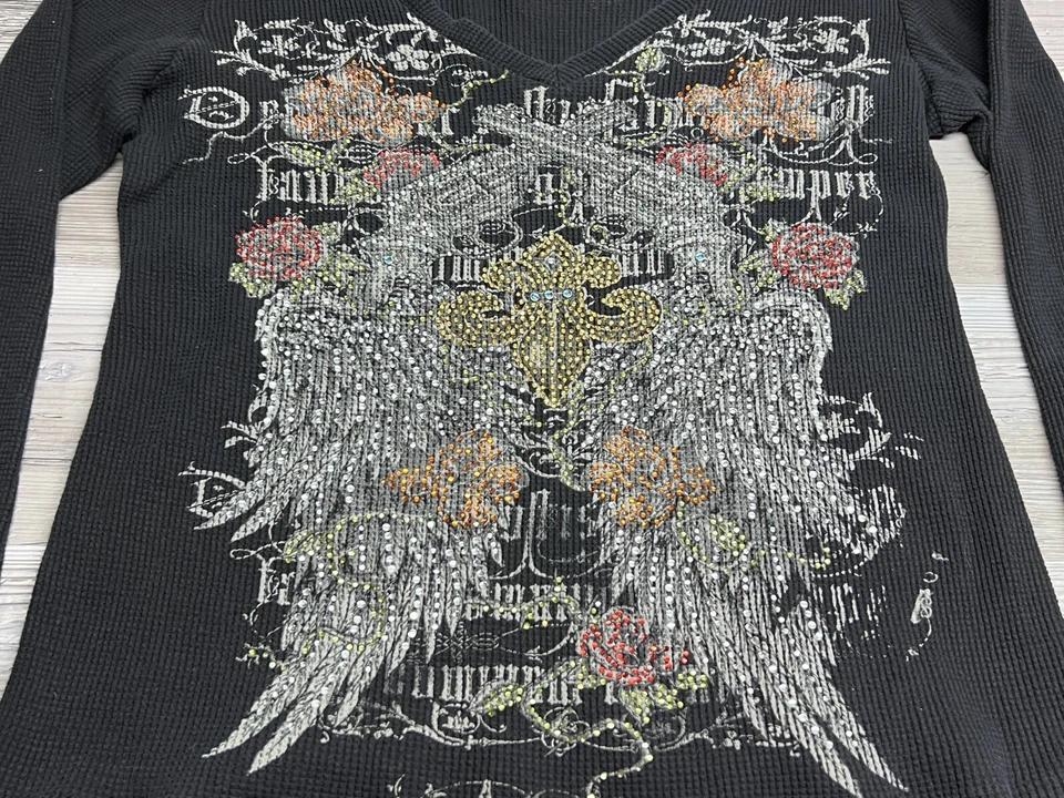 Camisa Térmica Estilo Aflicción Y2K De Colección Talla XL Gótica Grunge McBling Alas de Ángel Foto 3 de 4
