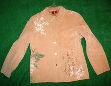 Women's Look East Tan Suede Asian Print Short Jacket 100% Leather Size Medium