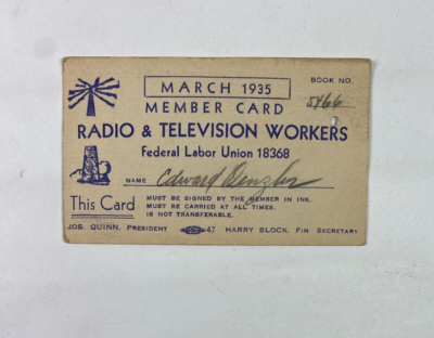 #ad March 1935 Radio Television Workers Federal Labor Union 18368 Member Card $8.41