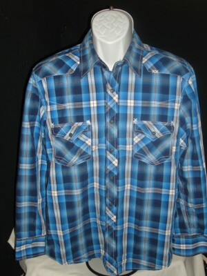 ROCK & ROLL COWBOY BLUE/WHITE PLAID 100% COTTON L/S SNAPS WESTERN SHIRT SZ. M