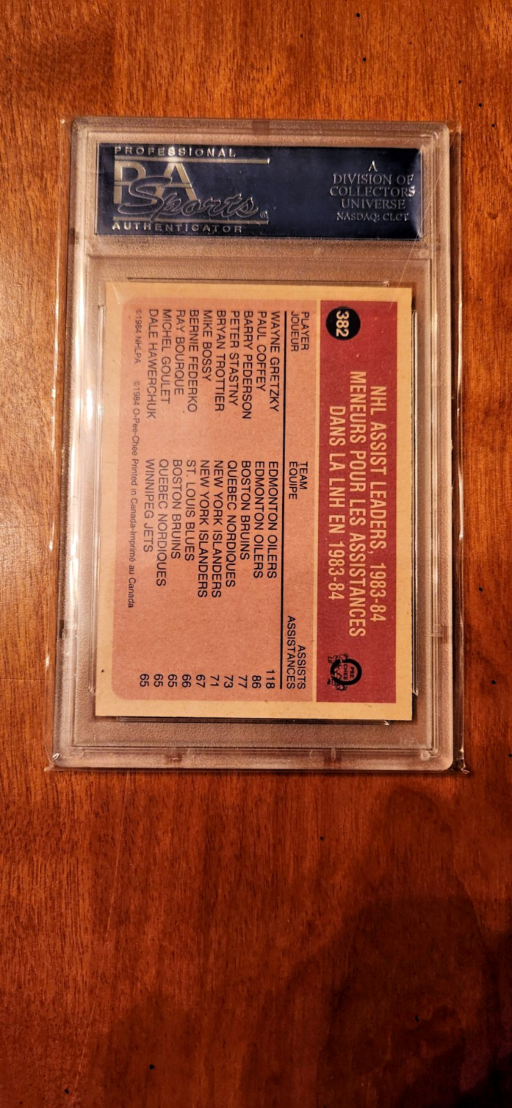 1984-85 O-PEE-CHEE WAYNE GRETZKY #382 ASSIST LEADERS PSA 9 MINT (Cert #81618569) view 2