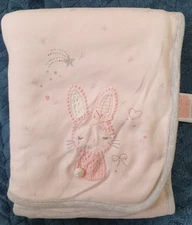 Mothercare pink jersey blanket Bunny motif bows reverse stripes Good Used