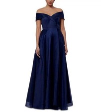 Xscape Navy Blue Off the Shoulder Organza Dress Gown Size 12 $268