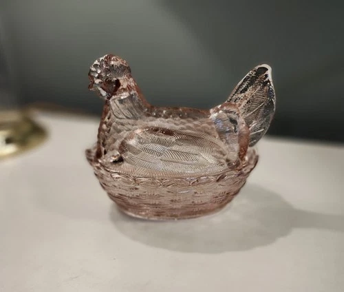 Pink Depression Glass Hen On Nest Covered Candy Dish Chicken Trinket Bowl