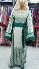 White Palestinian Thobe - Green Heritage Embroidery - Cloche Sleeves - Belt
