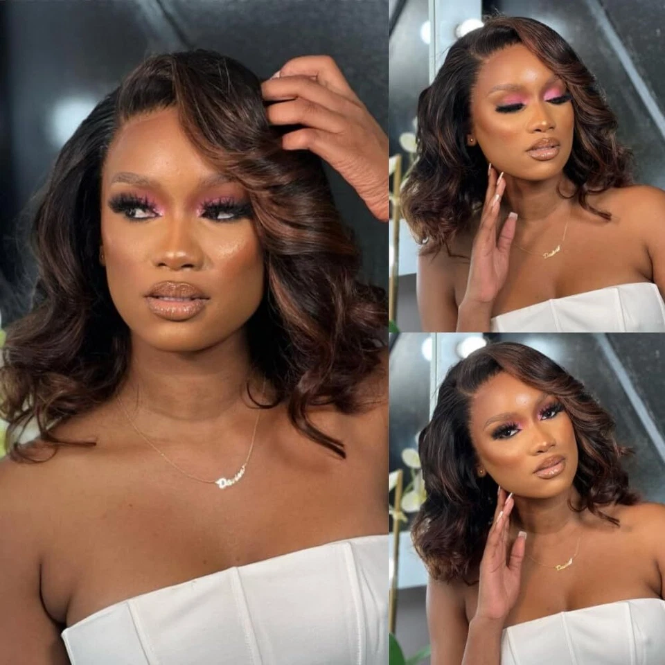 Ombre Balayage Honey Blonde Black Mix Human Hair Bob Wigs 13x4 Lace Front Wigs  - Image 3 of 4