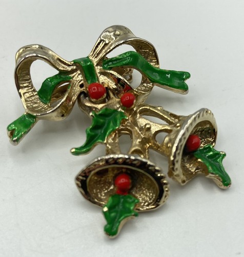 Vtg Gold Tone Christmas Holiday Bow Bells Holly Brooch Lapel Hat Pin Open Work - Picture 3 of 5