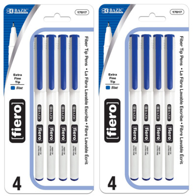 BAZIC Fiero Fiber Tip Pen Fineliner Pens 0.4mm Blue Color Extra Fine Point 8 pcs