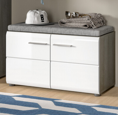 Garderobe Sitzbank weiß Hochglanz Rauchsilber grau Garderobenbank 80 cm Rumba