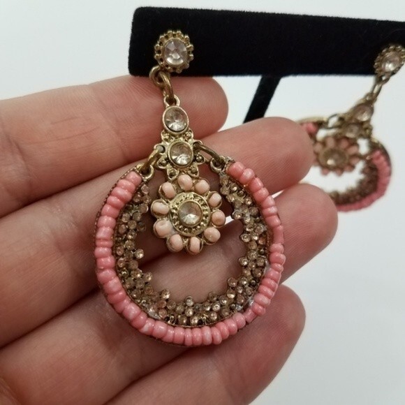 Statement Dangle Flowers Pink Beaded Stud Earring… - image 5