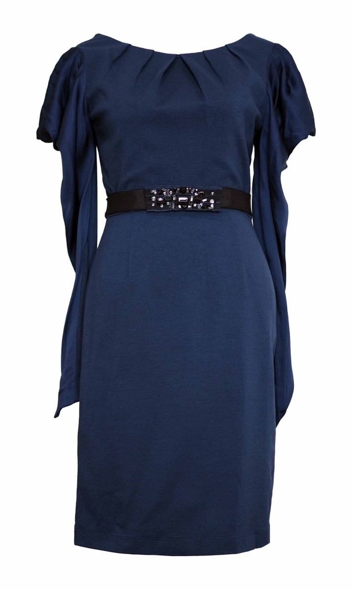 bcbgmaxazria navy blue dress BCBGMaxazria 4 Dress Navy Blue Puff Shoulder Rhinestone Belted Pleated  Cocktail
