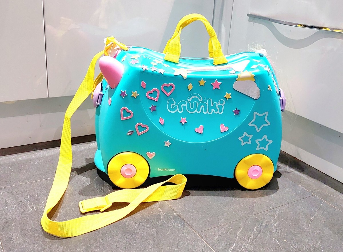 TRUNKI Una The Unicorn Turq/Yellow Kids Ride On Suitcase With Shoulder  Strap key