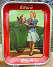 Original 1942 Coca Cola Tin Litho Advertising Tray w/Deco Ladies & Classic Car